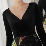 Winter Elegant Velvet With Sequins Deep V Neck Long Sleeve Slit Cocktail Eevening