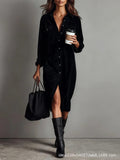 Women's Elegant Workwear Style Pocket Button Velvet Shirt Dress