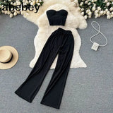 Women Solid Sexy Two Pieces Sets Summer Strapless Slim Camisole + Wide Leg Long Pants Sets Streetwear Two Piece