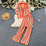Women's Summer V-Neck Loose Knitted Cardigan Top + Broad Leg Trousers Set With Striped Hollow