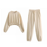 New Basic Short Style Sweater 8417803 Elastic Waist Jogging Trousers Set-Outfit