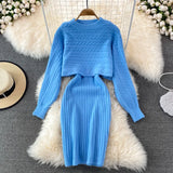 Beading Knitted Women Sets Loose Long Sleeves Sweater+ Solid Elastic Dress French Style Casual Two Piece