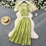 The Age Of Fresh Spring And Summer Holiday Wind Short Flying Sleeve Slings Slings + High-Waisted Wrinkles Skirt Two