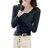 Autumn And Winter New Style Kengtiao Thin Knitted Blouse Woman V-Collar Slim Solid Color Cover Bottom Sweater-Outfit