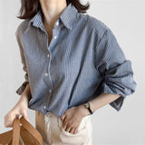 Version Of POL Collar Thin Striped Cotton Silk Shirt Woman 2025 New Broken Shoulder Long Sleeve Tuxedo