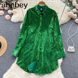 Blouse Shirts Long Sleeve Top Button Up Shirt Y2K Vintage Women Clothing Club Party Glitter Top Female Collared
