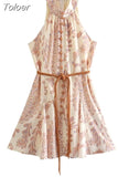 MODA 2023 Summer Women Printed Halter Sleeveless Mini Dress Ladies Belted Bow Decoration Dresses Female Resort Style