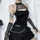 Summer 2024 New Dark Temperament Hot Girl Hanging Neck Fishing Net Vest-Girl With Sleeves-Outfit