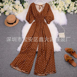 Toloer Summer Women's Wear 2023 New Temperament Wave Point V Neck Show High Waist Casual Wide Leg Jumpsuit