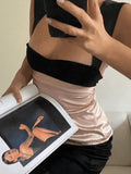 Tie Back Patchwork Satin Tank Top-Outfit