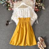 New Summer Sweet fake two piece Slash neck Dress three dimensional flower stitching waist closing slim