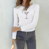 Women's Y2K Vintage Retro Long Sleeve Cherry/Cake Print Crew Neck Spring Fall Slim Fit Tops Aesthetic Grunge T-Shirts-Outfit