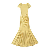 Trendy Women's Dress Small Man Step By Step Lotus Short-Sleeved Dress Square Collar Retro Slim Temperament Fish Tail Long Skirt-Outfit