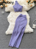 Purple Summer Women Solid 2 Piece One Shoulder Crop Top Tanks Slit Midi Skirt Set Bodycon Sexy Party Elegant