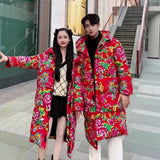 Northeast Big Flower Cotton-Padded Jacket Men And Women Long Chinese Wind Peony Flowers Add Thick Cotton Clothes Winter Warm Coat Oversize-Outfit