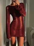 Backless Distressed Long Sleeve Party Mini Dress-Outfit