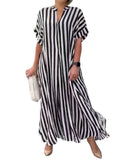 Toloer Women's Fashion Side Slit Stripe Loose Casual Short-Sleeved Dress-Outfit