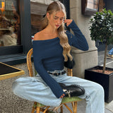 Toloer Women's Wear Gentle Wind Fashion Street One-Word Shoulder Thread Knitting Sexy Show Thin Long Sleeves-Outfit