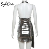 2024 Summer New Vintage silver Matte Tight Sexy Hot Mature Beautiful Gentle High Street Cool Women's Hip Halter Dress-Outfit