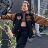 2022 Retro Leather Stitching Baseball Uniform Jacket Female Autumn Winter Couple Embroidered Long Sleeve Hip Hop Bomber