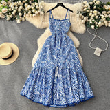 Style Printing Suspender Dress Women's Summer Hollowed-Out Fork Design Sense Of Minority Chic Super Fairy Dress-Outfit