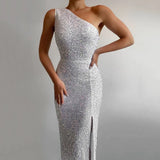 Women's Winter 2025 Pink Open Fork Dress Single Shoulder Squined