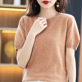 Toloer Spring Knit Sweater Women's T-Shirt Sweater Women's Short Sleeve V Collar Women Bottom Sweater Woolen Sweater Batch Hair-Outfit