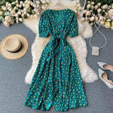 Sweet Floral Dress Women V Neck Puff Sleeve Single-Breasted Belt Dress Summer Bohemian Print A-line Midi