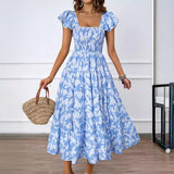 Summer Women's Casual Square Collar Print Folded Lotus Leaf Sleeve Dress Flowing