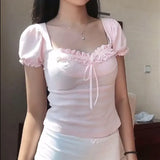 Fresh Romantic Pure Color Square Collar Bubble Sleeve Girl T-Shirt Ins Trend Slim Casual Blouse New Style-Outfit