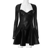 Black Long Sleeve Mesh PU Leather Mini Dress-Outfit
