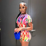 Summer Printed T-Shirt Blouse, Women's Wear, New Fashion Leisure Street Net Shorts Set-Outfit