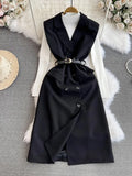 Socialite Commuter In Autumn And Winter Double-Breasted Sleeveless Suit Vest Dress Women's Two-Piece Vertical Collar Sweater-Outfit
