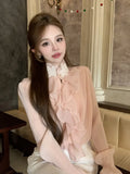 Women Shirts Ruffles Patchwork Stand Collar Winter French Style Flare Long Sleeve Blouse Female Elegant Sweet Tops-Outfit