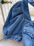 Women Summer Light Blue Denim Midi Dress Korean Style Short Sleeve Lapel Pockets Square Collar Casual Jean Dresses