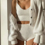White Knit Fuzzy Three Piece Set-Outfit