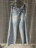 Hole Hollow Out Denim Pant For Women High Waist Patchwork Belt Loose Streetwear Wide Leg Pants Female Spring