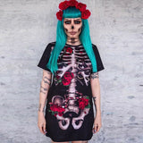 Toloer 022 Spot 2024 Halloween Women's Cosplay Party Dress Skull Print Short Sleeved Dress-Outfit