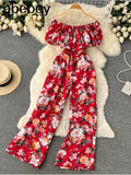 Women Off Shoulder Strap Dress Slash Neck Short Sleeve Wide Leg Jumpsuits Summer Bohemian Print Vacation Long