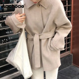 Aachoae Women Turn Down Collar Batwing Long Sleeve Wool Coats Chic Solid Single Breasted Coat Female Elegant Pockets