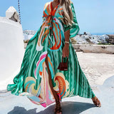 Autumn New Wish Sexy V-Tie Single-Breasted Floral Beach Dress-Outfit