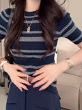 Toloer Design Sense Niche Sleek Striped Short-Sleeved Knitted Shirt 2025 Summer New Fashion Thin