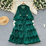 New Elegant Dress Spring Dress High-End Retro Collar Lantern Sleeves To Close Waist Lotus Leaves Side Pressure Skirt Dress
