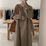 Aachoae Women Elegant Office Long Wool Coat With Belt Long Sleeve Double Breasted Coat Overcoat Female Chic Outerwear