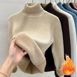 Velvet Turtleneck Pullovers Women Korean Fashion Lined Warm Sueter Knitted Slim Top Winter Jersey Knitwear Jumper