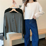 Sleeve T-shirts Women Elegant Simple Pure Button Design Retro Ins Autumn Ladies Tees Top All-match BF Style Mujer Clothes-Outfit