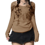 Women Gothic T-shirts Crop Tops Fall Winter y2k Clothes 2024 Fashion Classic Slim Long Sleeve Print Streetwear Tops-Outfit