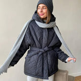 Casual Hooded Parkas Women Fashion Loose Solid Argyle Coats Women Elegant Short Tie Belt Cotton Jackets Female