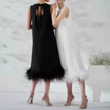 Toloer New Spring 2024 Round Collar Sleeveless Hem Stitching Feather Dress-Outfit