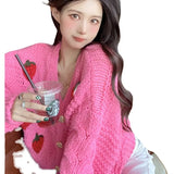 Strawberry Sweater Soft Waxy Cardigan Coat Autumn And Winter 2024 Loose Female V-Collar Coarse Wool Knitting Trend-Outfit